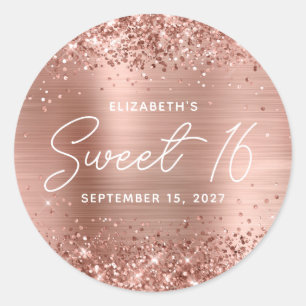 Sticker Rond Glitterie Rose Gold Glam Moderne Script Sweet 16