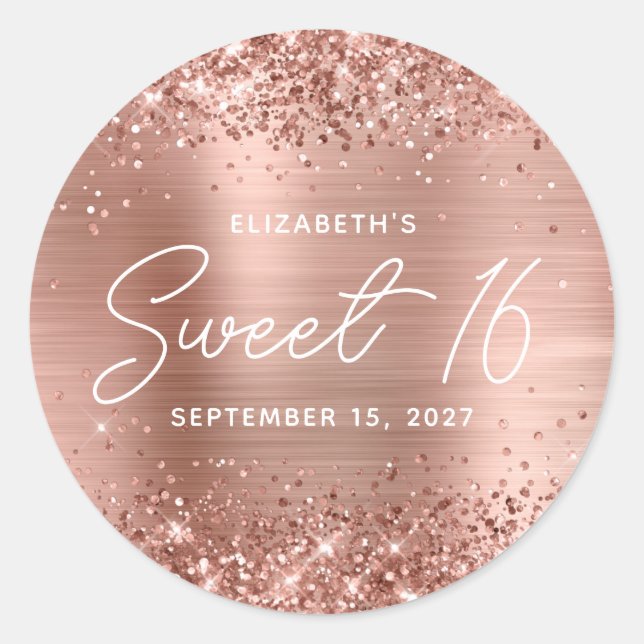 Sticker Rond Glitterie Rose Gold Glam Moderne Script Sweet 16 (Devant)