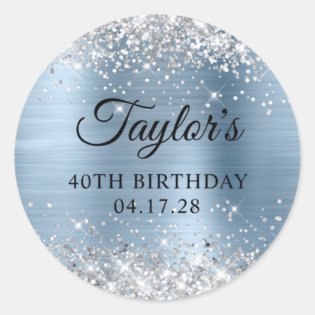 Sticker Rond Glitterie Silver Light Blue Foil 40e anniversaire (Devant)