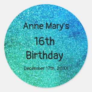 Sticker Rond Glitterie Turquoise Bleu Vert Étincelle 16e annive