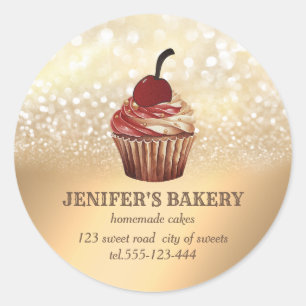 Sticker Rond Glitterie vintage en or cupcakes et sucreries fait