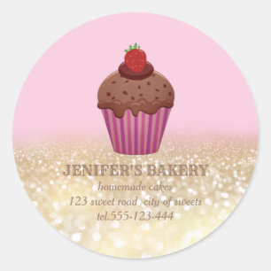 Sticker Rond Glitterie vintage en or cupcakes et sucreries fait