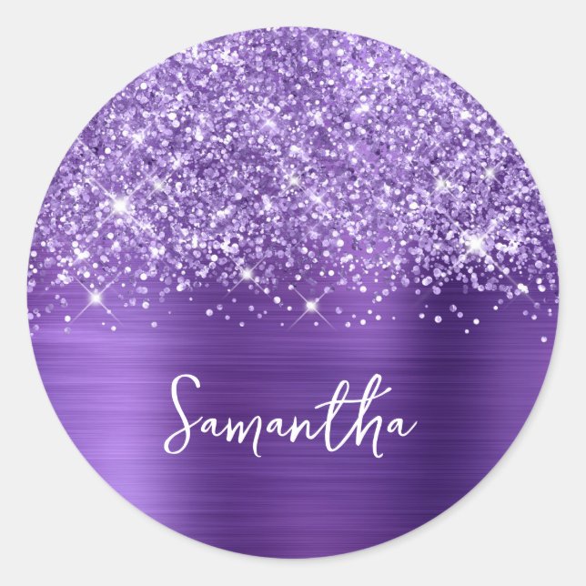 Sticker Rond Glittery Amethyst Purple Glam Nom (Devant)