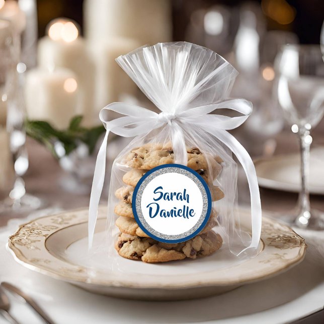 Sticker Rond Glittery Bat mitzvah Navy Blue et Silver Faveur (Créateur téléchargé)