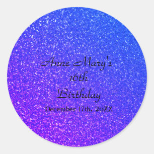 Sticker Rond Glittery Blue Sparkle Nom personnalisé 16e anniver