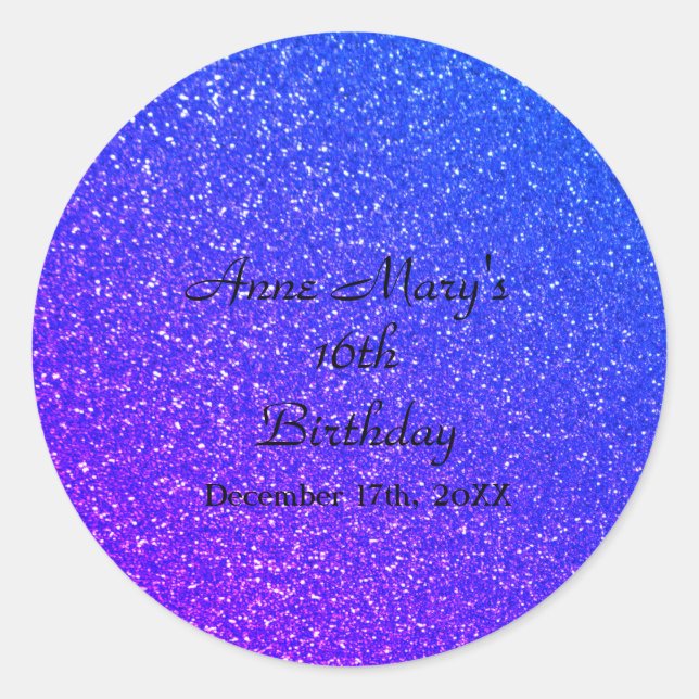 Sticker Rond Glittery Blue Sparkle Nom personnalisé 16e anniver (Devant)