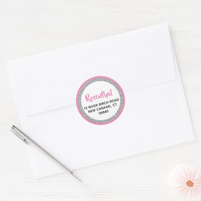 Sticker Rond Glittery Dark Pink & Silver Adresse de retour (Enveloppe)