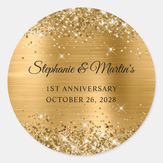 Sticker Rond Glittery Gold Foil 1er anniversaire Mariage (Devant)