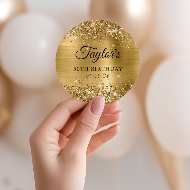 Sticker Rond Glittery Gold Foil 50e anniversaire (Glittery Gold Foil 50th Birthday Classic Round Sticker)