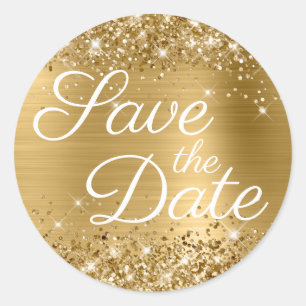 Sticker Rond Glittery Gold Foil Élégant Enregistrer la date