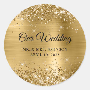 Sticker Rond Glittery Gold Foil Notre Mariage