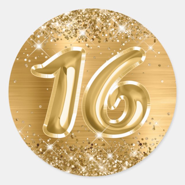 Sticker Rond Glittery Gold Foil Numéro 16 Anniversaire (Devant)