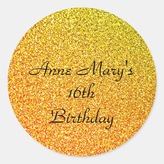 Sticker Rond Glittery Gold Sparkle 16e anniversaire Nom personn (Devant)