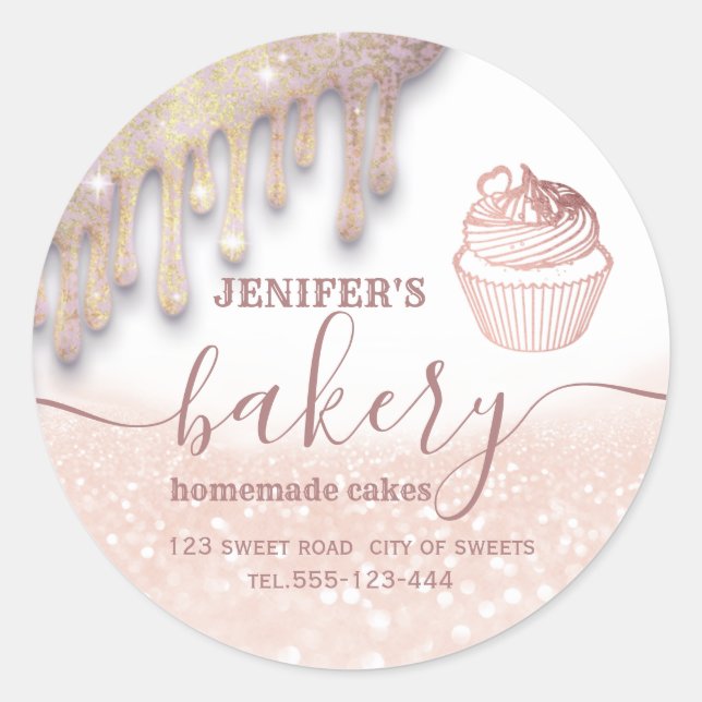 Sticker Rond Glittery gouttes cupcake chef script boulangerie (Devant)