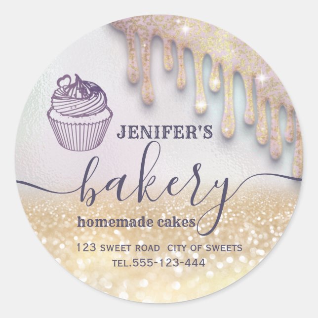 Sticker Rond Glittery gouttes cupcake chef script boulangerie (Devant)