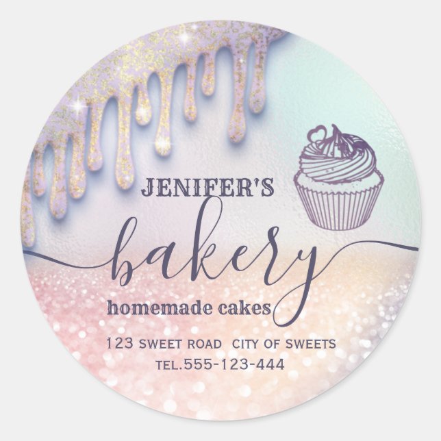 Sticker Rond Glittery gouttes cupcake chef script boulangerie (Devant)