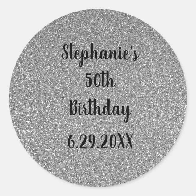 Sticker Rond Glittery Grey Silver Personnalisé Joyeux Anniversa (Devant)