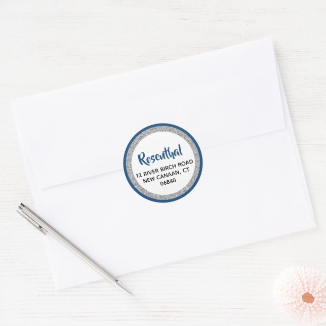 Sticker Rond Glittery Navy Blue & Silver Adresse de retour (Enveloppe)