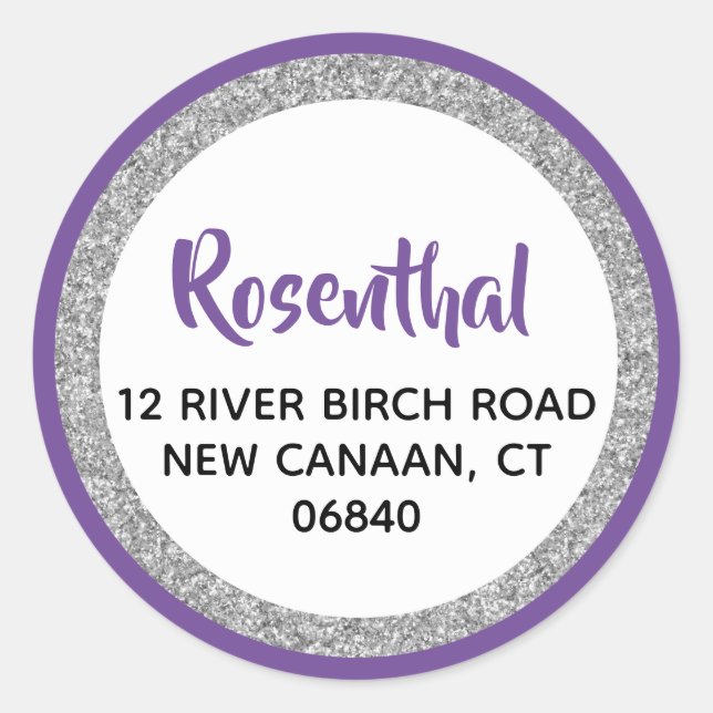 Sticker Rond Glittery Purple & Silver Adresse de retour (Devant)