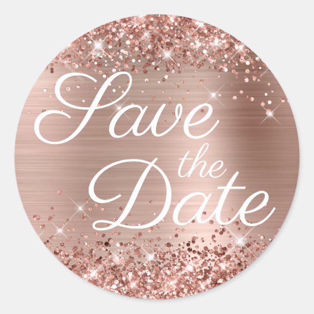 Sticker Rond Glittery Rose Gold Elegant Enregistrer la date (Devant)