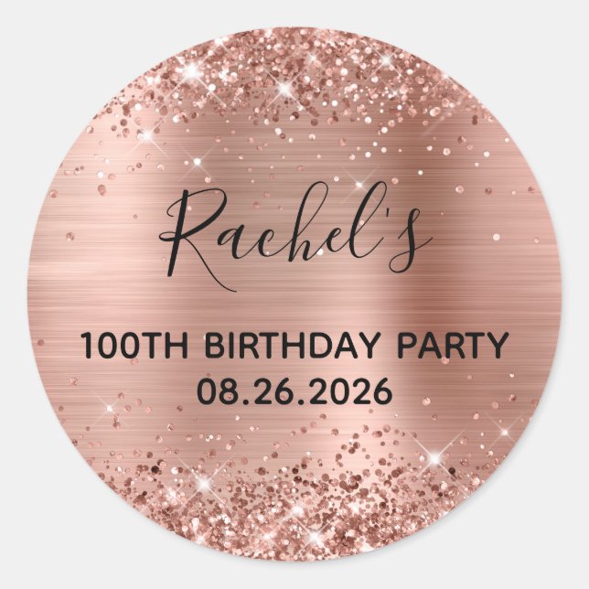 Sticker Rond Glittery Rose Gold Foil 100e fête d'anniversaire (Devant)