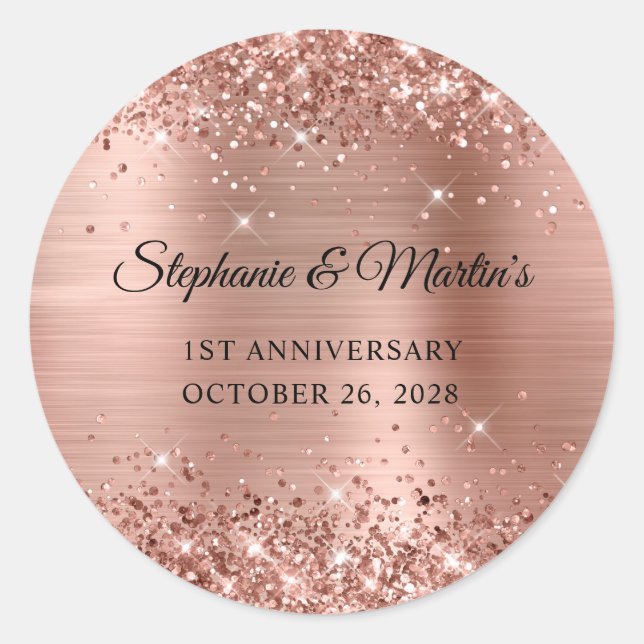 Sticker Rond Glittery Rose Gold Foil 1er anniversaire Mariage (Devant)