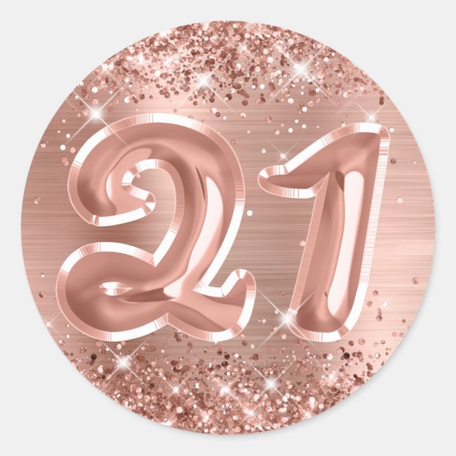 Sticker Rond Glittery Rose Gold Foil Numéro 21 Anniversaire (Devant)
