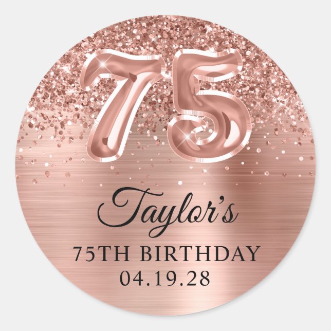 Sticker Rond Glittery Rose Gold Foil Numéro 75 Anniversaire (Devant)