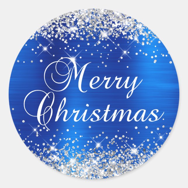 Sticker Rond Glittery Silver et Royal Blue Joyeux Noël (Devant)