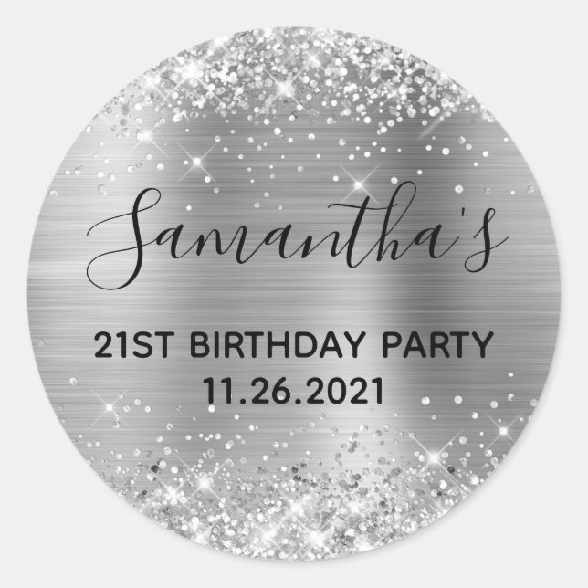 Sticker Rond Glittery Silver Foil 21ème anniversaire (Devant)
