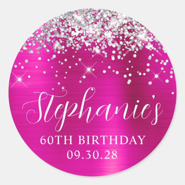 Sticker Rond Glittery Silver Hot Pink Foil 60e anniversaire (Devant)