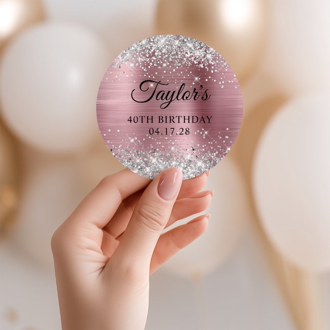 Sticker Rond Glittery Silver Light Pink Foil 40e anniversaire (Glittery Silver Light Pink Foil 40th Birthday Classic Round Sticker)