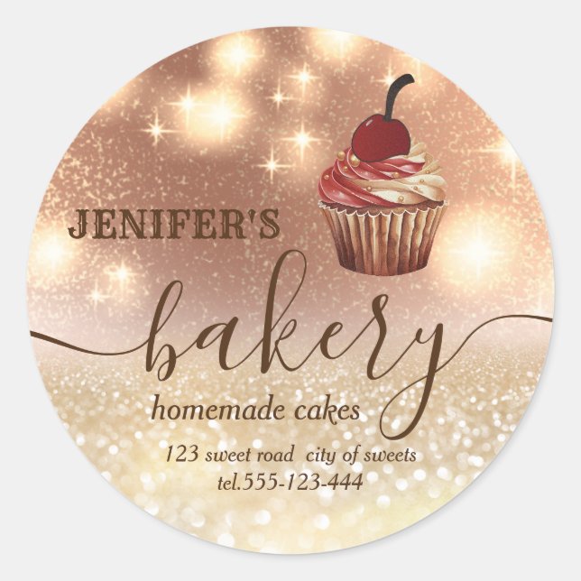Sticker Rond Glittery vintage cupcake chef script boulangerie (Devant)