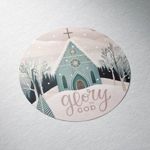 Sticker Rond Gloire à Dieu. Église d'hiver Noël religieux