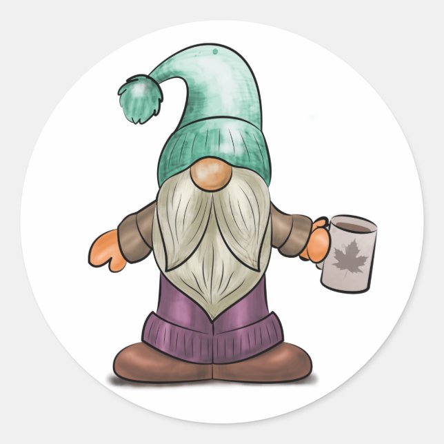 Sticker Rond Gnome de automne mignonne avec Mug de café (Devant)