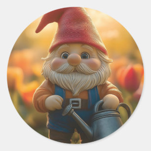 Sticker Rond Gnome de jardin adorable avec canne d'eau