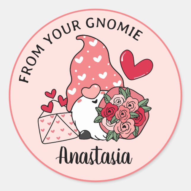 Sticker Rond Gnome de la Saint-Valentin Personnalisé avec Préno (Devant)
