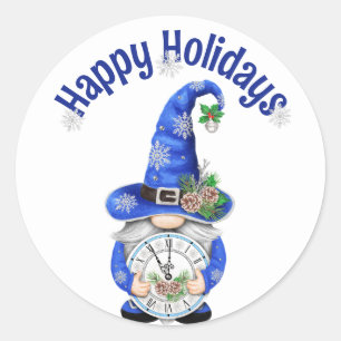 Sticker Rond Gnome de Noël bleu avec horloge