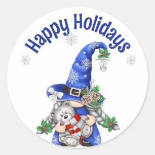 Sticker Rond Gnome de Noël bleu avec ours en peluche