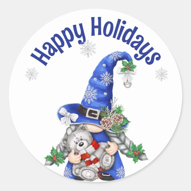 Sticker Rond Gnome de Noël bleu avec ours en peluche (Devant)