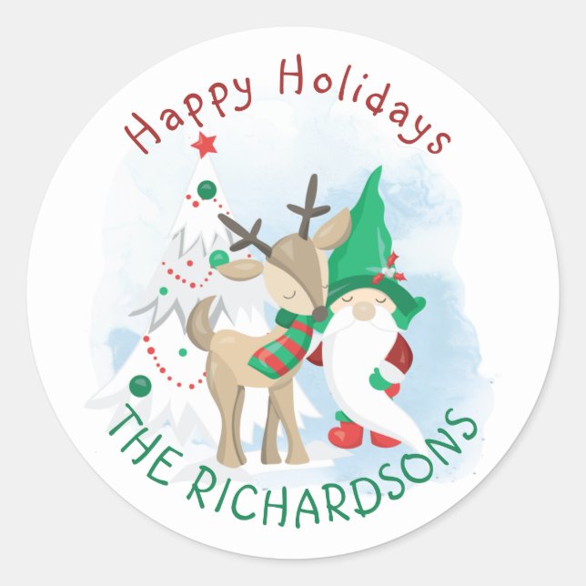 Sticker Rond Gnome Deer et Christmas Tree Cute (Devant)