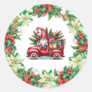 Sticker Rond Gnome en Camion Rouge rempli de cadeaux