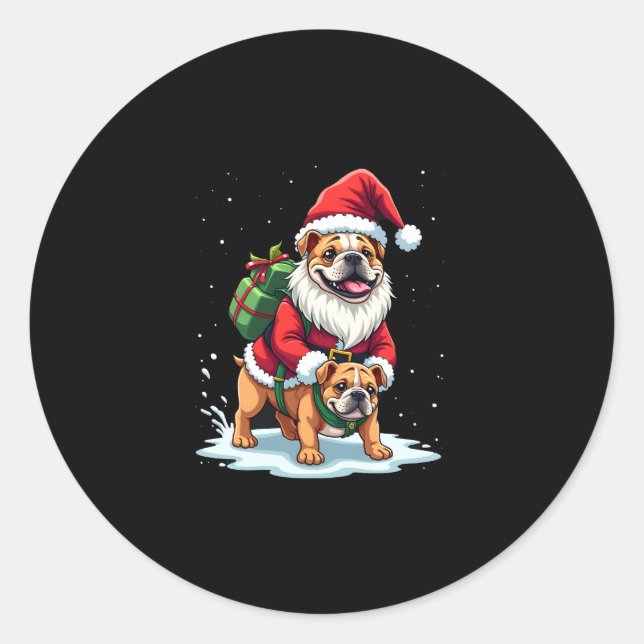 Sticker Rond Gnome équitation Anglais Bulldog Noël Joyeux garço (Devant)