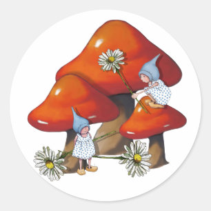 Sticker Rond Gnome Girl sur tabouret, marguerites, Imaginaire A