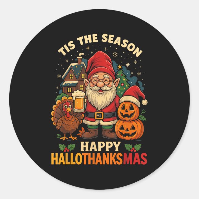 Sticker Rond Gnome Hallothanksmas jupe Halloween Thanksg (Devant)