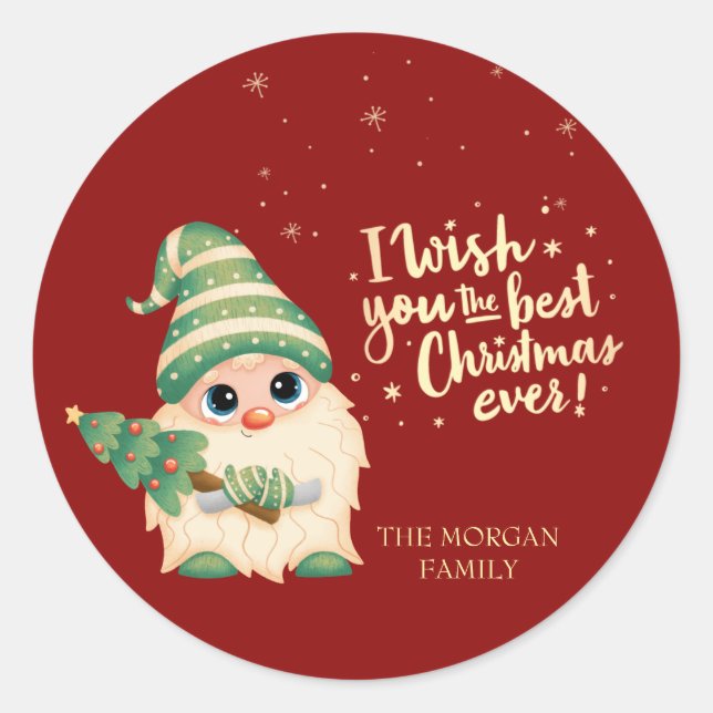 Sticker Rond Gnome, je vous souhaite un très joyeux Noël (Devant)