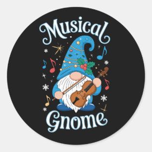 Sticker Rond Gnome Musical de Noël Violon Houx Flocons de Neige