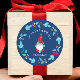 Sticker Rond Gnome pour les vacances Moderne Floral Wreath Blue