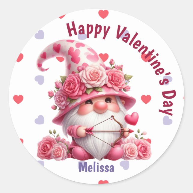 Sticker Rond Gnome rose Valentine Cupid (Devant)