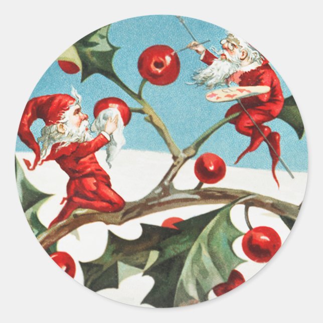 Sticker Rond Gnomes painting holly berries in snow (Devant)